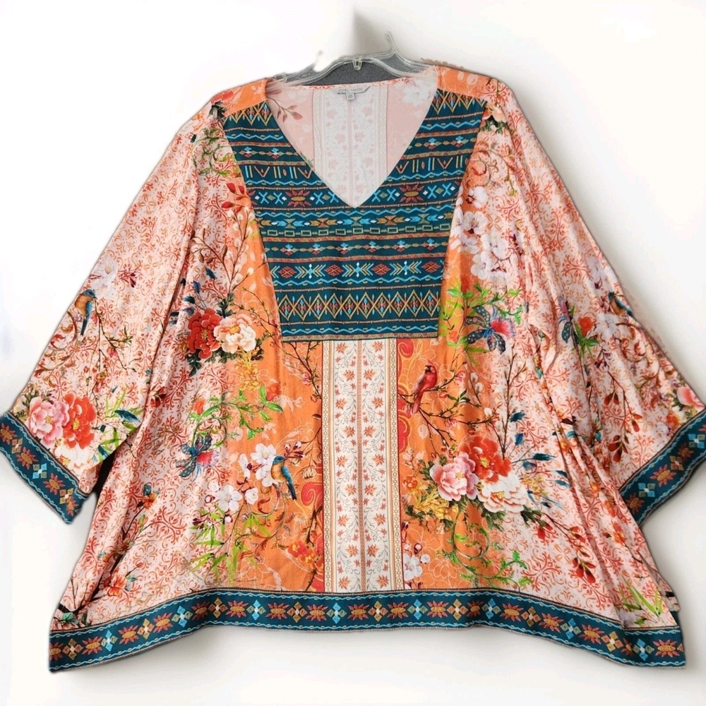 John Mark Women's PXL Floral Bird Print Embroidered Popover Tunic Top Artsy NWT